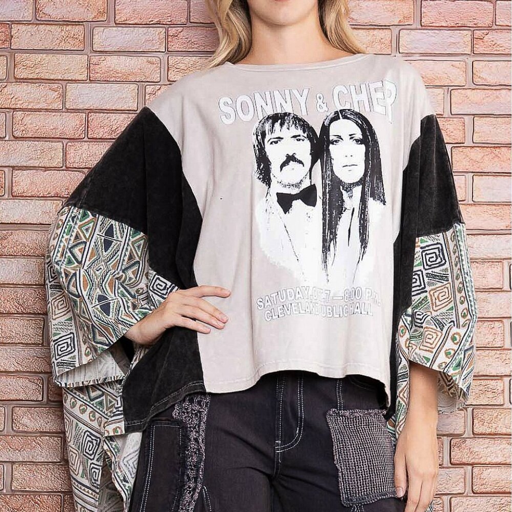 Vintage-Inspired Sonny & Cher Graphic Kimono Top - Beige & Black NWOT